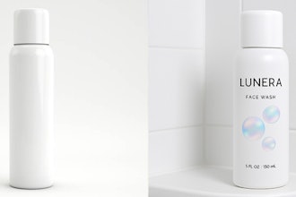 From plain pack stock image (left) to a (hypothetical) branded prototype, shown in context on a shower shelf (right), AI artwork and context images now take minutes, not weeks.