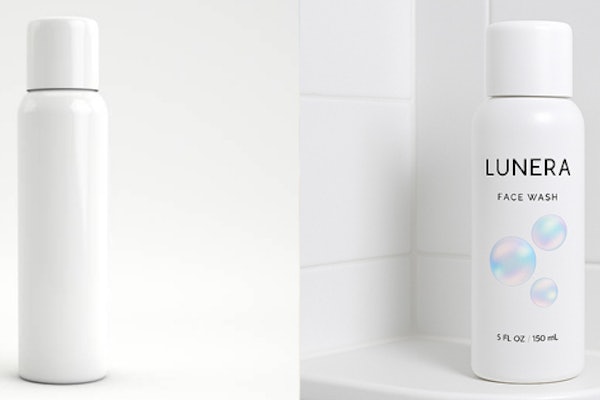 From plain pack stock image (left) to a (hypothetical) branded prototype, shown in context on a shower shelf (right), AI artwork and context images now take minutes, not weeks.