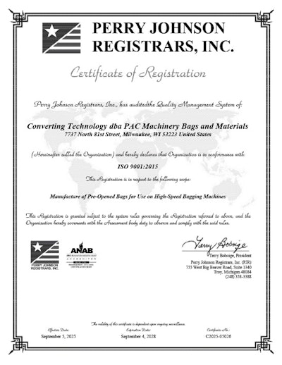 Pac Machinery Bags And Materials Earned Iso 9001 Certification