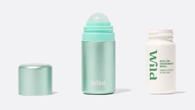 Wild’s new refillable roll-on deodorant pairs a sleek, reusable aluminum case with a compostable, bio-based refill.