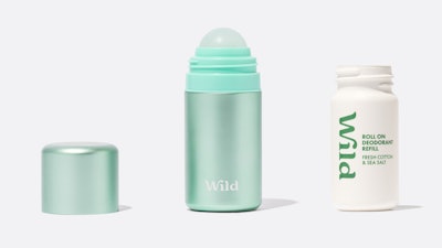 Wild’s new refillable roll-on deodorant pairs a sleek, reusable aluminum case with a compostable, bio-based refill.