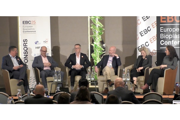(l.to r.) AT EBP25, Lars Börger of nova-Institute, discussed the last 20 years of European Bioplastics and the bioplastics industry with panelists Patrick Zimmerman of FKuR, Francois de Bie of Emirates Biotech, Hasson von Pogrell of EUBP, Mariagiovanna Vetere of NatureWorks, and Alessandra Funcia of Sukano.