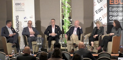 (l.to r.) AT EBP25, Lars Börger of nova-Institute, discussed the last 20 years of European Bioplastics and the bioplastics industry with panelists Patrick Zimmerman of FKuR, Francois de Bie of Emirates Biotech, Hasson von Pogrell of EUBP, Mariagiovanna Vetere of NatureWorks, and Alessandra Funcia of Sukano.