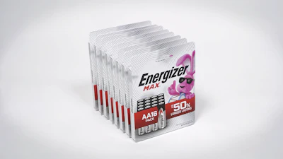 Stacked Energizer MAX AA16 battery packs with pink bunny mascot