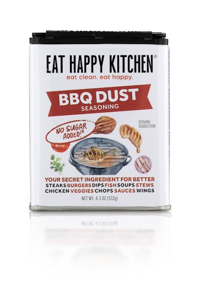 Eat Happy Kitchen “BBQ Dust” (front): Clean-label brand Eat Happy Kitchen debuts a vintage-inspired printed tin package for its BBQ Dust seasoning, designed to pop on shelf and look at home on the countertop.