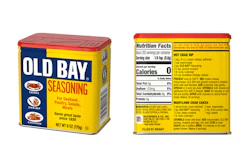 Old Bay Seasoning in tin: McCormick’s Old Bay returns to its classic printed tin canister—iconic blue-and-yellow graphics with a red lid—shown here with front panel and back label (nutrition facts/recipes).
