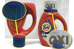 Tide’s polypropylene caps undergo LaserSharp marking on two sides. On the left, we see an inverted bottle where Tide’s blue detergent is completely filling the dosing cap. Fill-level guidelines are visible both when detergent is in the cap as pictured, and when the cap is empty. On the upper right, we see the OXI logo on the other side of the cap. This branding/logo was also marked on the cap in the LaserSharp process.