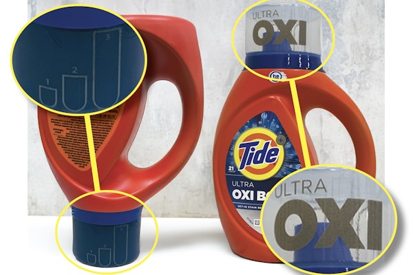 Tide’s polypropylene caps undergo LaserSharp marking on two sides. On the left, we see an inverted bottle where Tide’s blue detergent is completely filling the dosing cap. Fill-level guidelines are visible both when detergent is in the cap as pictured, and when the cap is empty. On the upper right, we see the OXI logo on the other side of the cap. This branding/logo was also marked on the cap in the LaserSharp process.