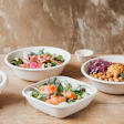Healthy meal bowls with salmon, salad, vegetables, and colorful ingredients
