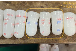 Series of ISBM-molded HDPE/COC bottles produced at increasing preform reheat temperatures. The highlighted region (~131–137°C), near HDPE’s melting point, shows the optimal processing window where bottle formation is stable and wall distribution is uniform. Bottles outside this temperature range exhibit distortion or instability, illustrating the narrow thermal alignment required for successful HDPE/COC ISBM processing.