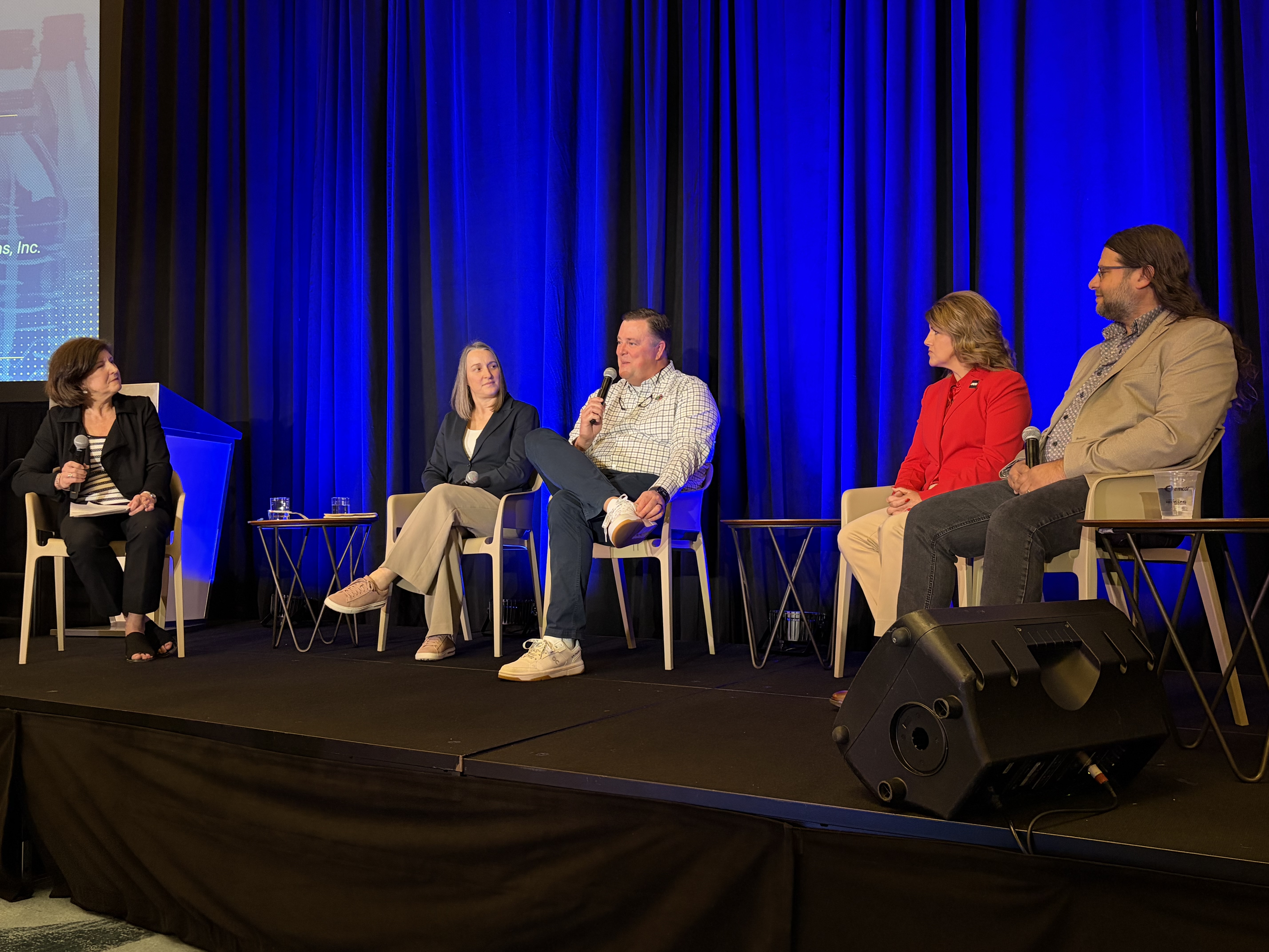 The panel included, from l. to r., Kate Eagles, APR, Anna Rajkovic, circular economy market manager, NOVA Chemicals, Billy Jefcoat, director of raw materials procurement, KW Plastics, Kristen Rinehart, VP/GM &ndash; recycling, Advanced Drainage Systems, Inc., and Paul Bahou, president of Global Plastics Recycling