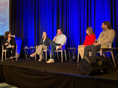 The panel included, from l. to r., Kate Eagles, APR, Anna Rajkovic, circular economy market manager, NOVA Chemicals, Billy Jefcoat, director of raw materials procurement, KW Plastics, Kristen Rinehart, VP/GM – recycling, Advanced Drainage Systems, Inc., and Paul Bahou, president of Global Plastics Recycling