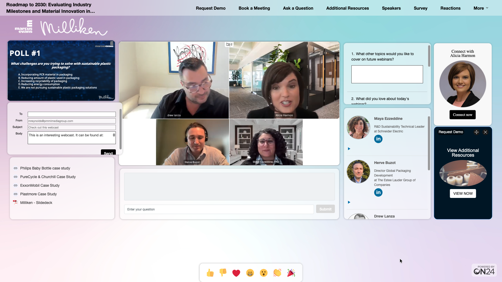 Panelists Drew Lanza (Syntax), Alicia Harmon (Milliken, moderator), Herv&eacute; Buzot (The Est&eacute;e Lauder Companies), and Maya Ezzeddine (Schneider Electric) during the webinar &ldquo;Roadmap to 2030: Evaluating Industry Milestones and Material Innovation in Packaging Sustainability.&rdquo;