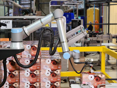 The cobot solution at Napco offers up to 27.55 lbs of payload, with a reach of 51.2 in. and a custom pneumatic gripper from Piab.