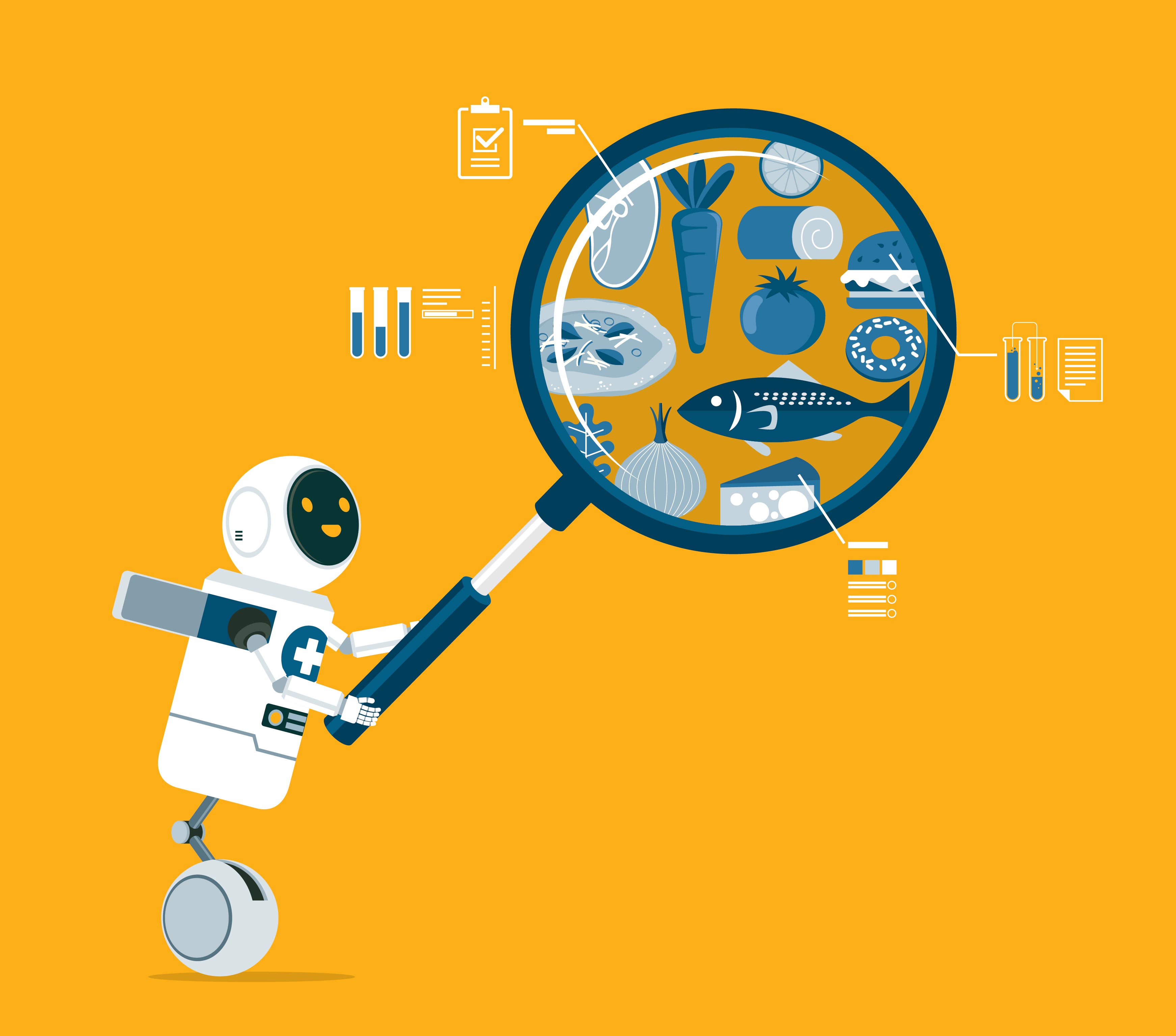 Robot conducting food analysis with magnifying glass against yellow background
