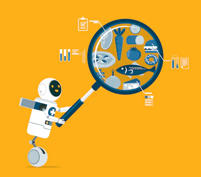 Robot conducting food analysis with magnifying glass against yellow background