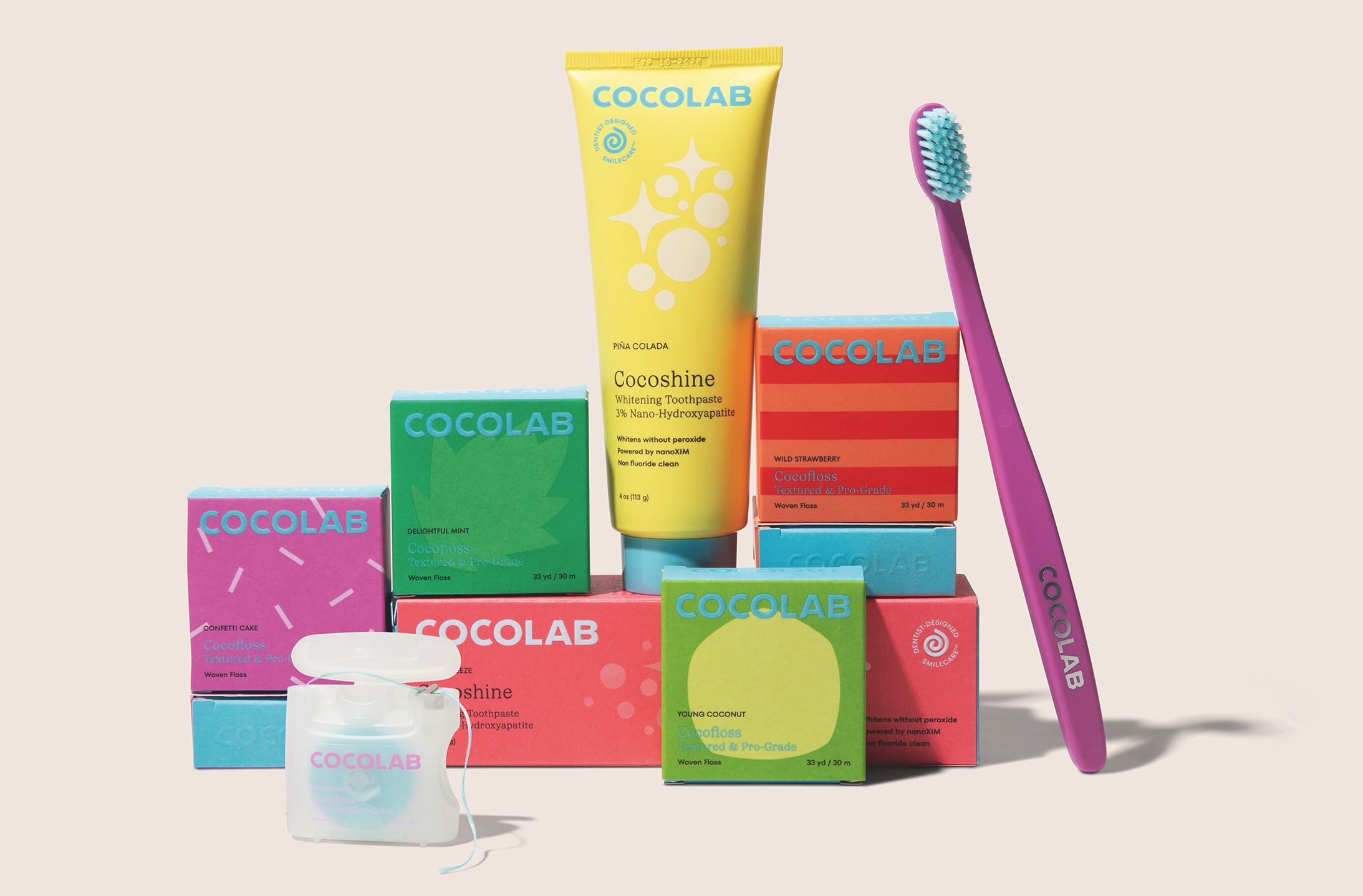 Bold color blocking, playful patterns, and a clean, modern wordmark give Cocolab&rsquo;s packaging a beauty-inspired aesthetic, designed to bring what the brand calls &lsquo;dental dopamine&rsquo; to everyday oral care routines.