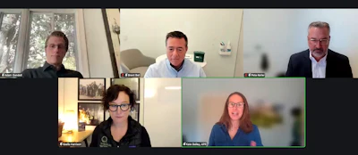 Webinar speakers included, from top, l. to r., and bottom, l. to r., Adam Gendell, The Recycling Partnership, Brent Bell, WM, Pete Keller, Republic Services, Keefe Harrison, TRP (moderator), and Kate Bailey, APR.