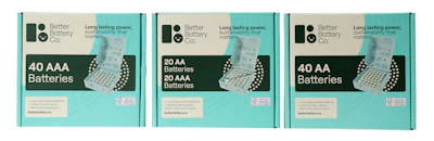 Better Battery large-format kits include a combo box, which holds 20 AA batteries and 20 AAA batteries, a 40-ct pack of AA batteries, and a 40-ct pack of AAA batteries.