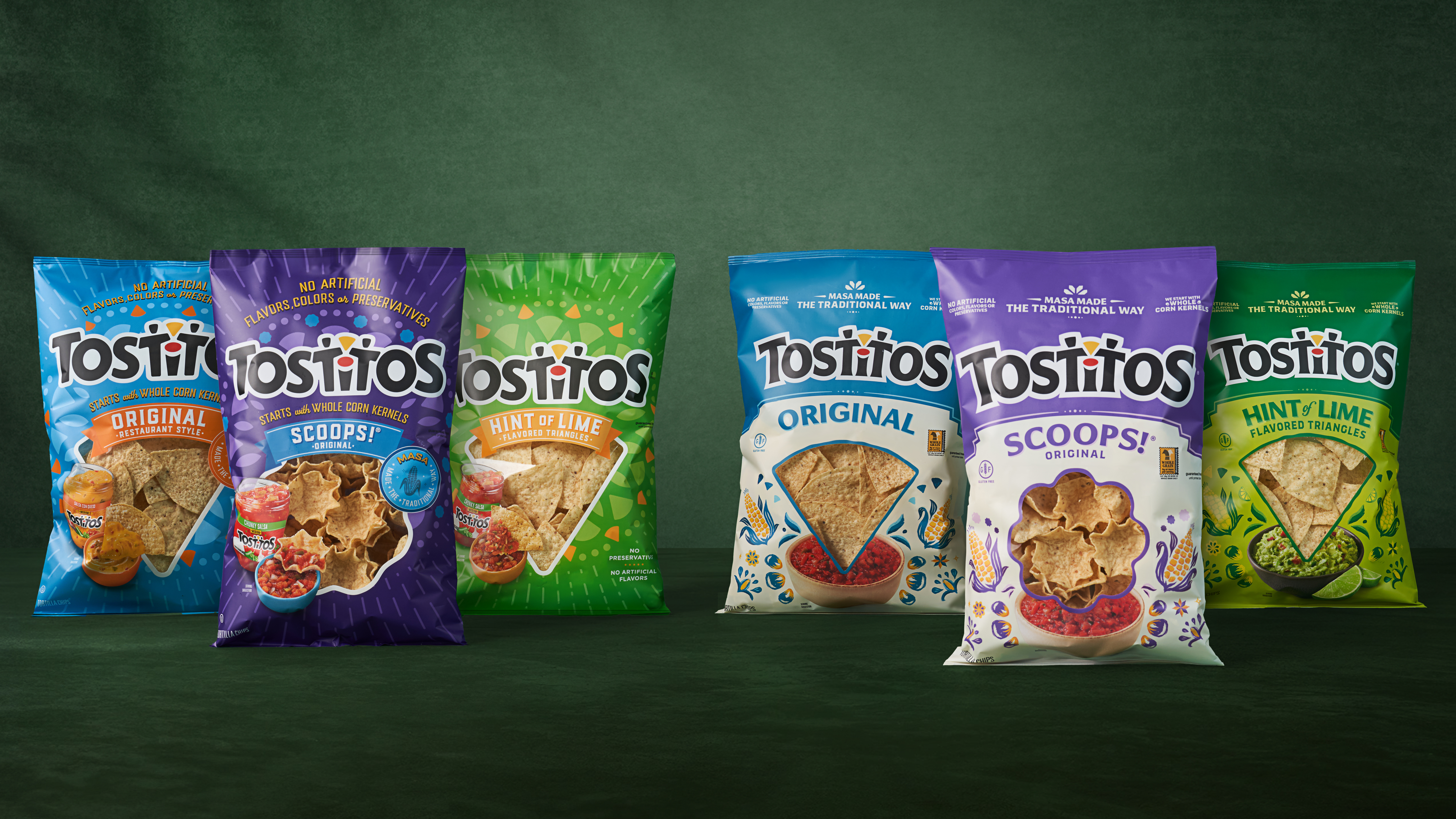 The updated packaging (right) uses a cream-colored background to create visual cohesion across the Tostitos portfolio.
