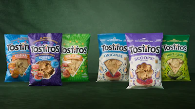 The updated packaging (right) uses a cream-colored background to create visual cohesion across the Tostitos portfolio.