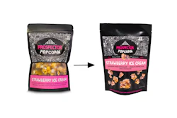 Prospector Popcorn’s redesign replaces a transparent window with macro product photography, while moving the flavor name to the center of the pouch for improved shelf visibility and consistency across distribution.