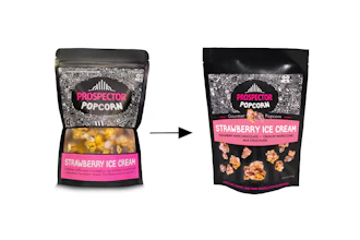 Prospector Popcorn’s redesign replaces a transparent window with macro product photography, while moving the flavor name to the center of the pouch for improved shelf visibility and consistency across distribution.