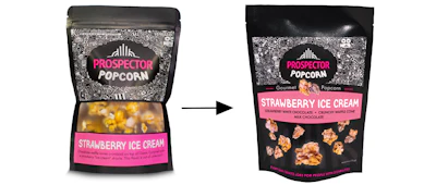Prospector Popcorn’s redesign replaces a transparent window with macro product photography, while moving the flavor name to the center of the pouch for improved shelf visibility and consistency across distribution.