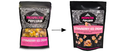 Prospector Popcorn&rsquo;s redesign replaces a transparent window with macro product photography, while moving the flavor name to the center of the pouch for improved shelf visibility and consistency across distribution.