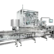 Industrial packaging machine system with conveyor, processing unit, and control panel on white background