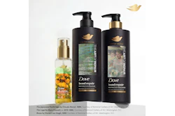 Dove’s limited-edition Art of Repair collection features black, 100% PCR bottles designed as a gallery-like backdrop for iconic artworks, alongside a serum that showcases imagery through a reverse-label design.