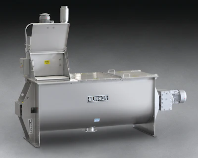 A new Munson Ribbon Blender with an integral bag dump station collects airborne dust generated during manual additions to the batch, improving worker safety and plant hygiene. Dust generated during manual dumping is drawn onto cartridge filters of the dust collector, as nozzles within each cartridge blast air on an alternating basis to dislodge accumulated material, returning it to the batch.