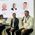 Eric Klingenberg (speaking), materials science lead at Mars Advanced Research Institute, discusses where compostable packaging fits within circular packaging systems during a panel discussion at interpack 2026. Corapack's Fabrizio Radice (center) and moderator Maria Monique Murillo are to the left.