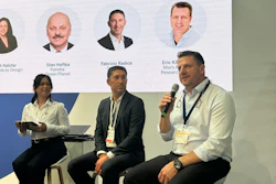 Eric Klingenberg (speaking), materials science lead at Mars Advanced Research Institute, discusses where compostable packaging fits within circular packaging systems during a panel discussion at interpack 2026. Corapack's Fabrizio Radice (center) and moderator Maria Monique Murillo are to the left.