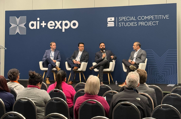 Robots for America Founding Members at AI+ Expo panel discussion, 'Robots for America: Driving American Industry Forward.' From left to right: Micah Murphy (New American Industrial Alliance), Nick Ayala (GrayMatter Robotics), Edward Mehr (Machina Labs), Dean Banks (Formic).