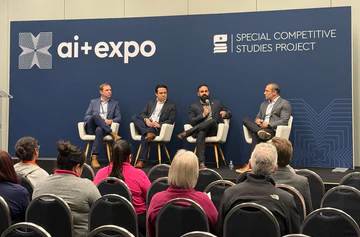 Robots for America Founding Members at AI+ Expo panel discussion, 'Robots for America: Driving American Industry Forward.' From left to right: Micah Murphy (New American Industrial Alliance), Nick Ayala (GrayMatter Robotics), Edward Mehr (Machina Labs), Dean Banks (Formic).