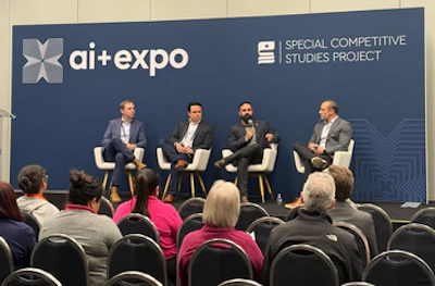 Robots for America Founding Members at AI+ Expo panel discussion, 'Robots for America: Driving American Industry Forward.' From left to right: Micah Murphy (New American Industrial Alliance), Nick Ayala (GrayMatter Robotics), Edward Mehr (Machina Labs), Dean Banks (Formic).