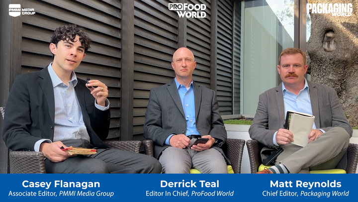 (from left) Casey Flanagan, PMMI Media Group; Derrick Teal, ProFood World; Matt Reynolds, Packaging World