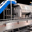 Industrial food processing machine with blue conveyor belt and stainless steel components
