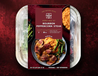 Deep burgundy tones, dramatic food photography, and restrained typography give The Fresh Market’s chef-inspired meal kits a more elevated, restaurant-quality feel aligned with the retailer’s Premium and aspirational Uber Premium positioning.