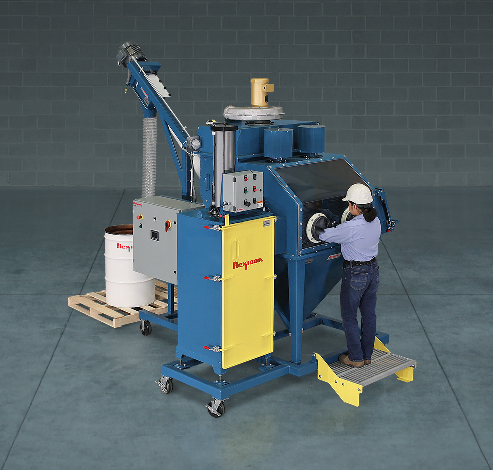 FLEXICON integrated glove box, bag compactor, and flexible screw conveyor ensures efficient, dust-free transfer from hand-carried bags or containers.
