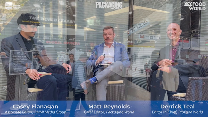(from left) Casey Flanagan, PMMI Media Group; Matt Reynolds, Packaging World; Derrick Teal, ProFood World
