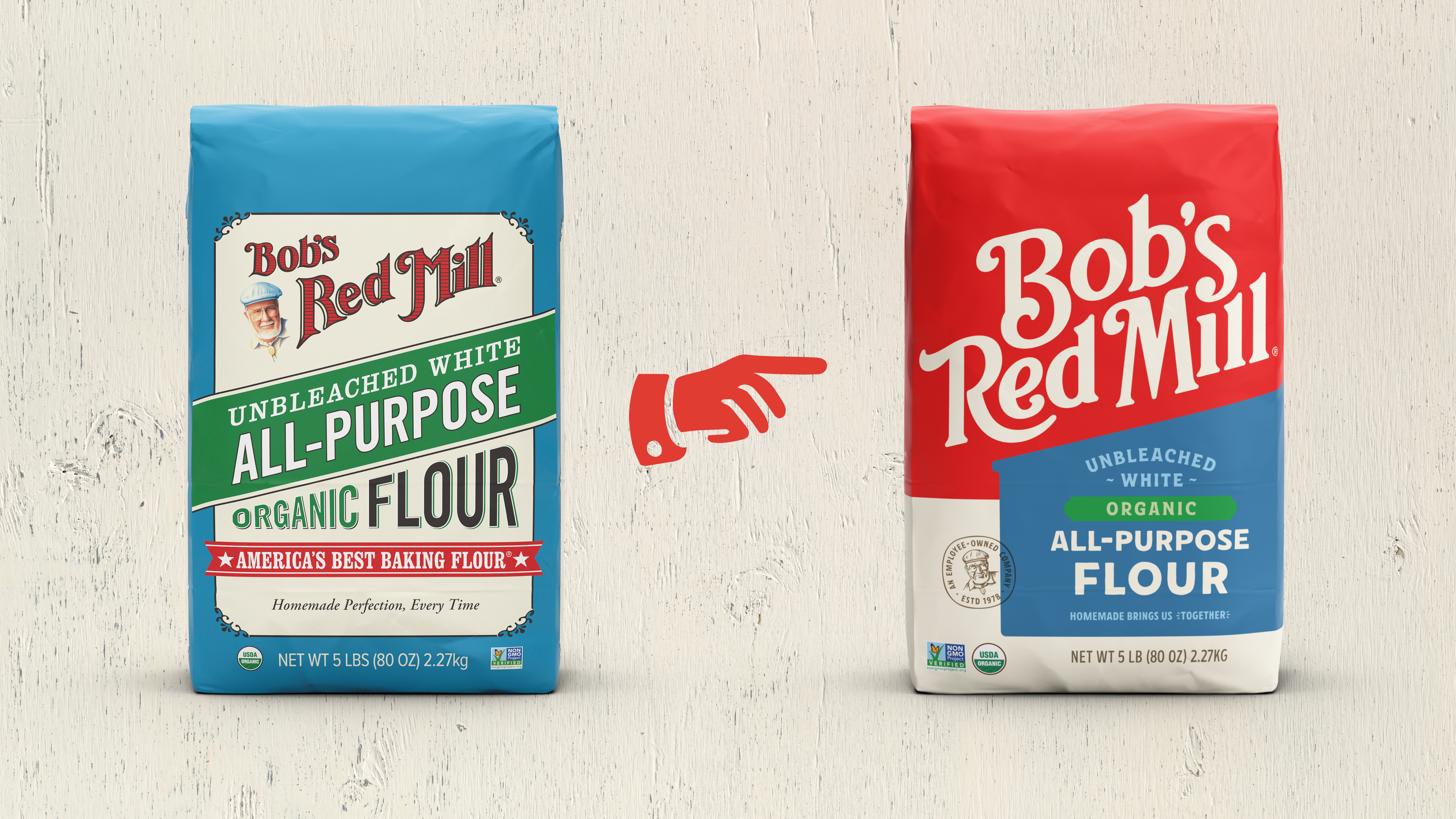 The updated packaging (right) features a simpler and bolder logo, a custom typeface, and an updated color palette.