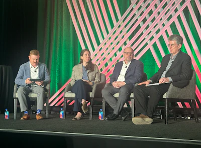 (L to R) Matt Reynolds of Packaging World, Sarah Pamplanos Santos of Closed Loop Partners, Scott DeFife of Glass Packaging Institute, Kenneth Laverdure of Estee Lauder Companies