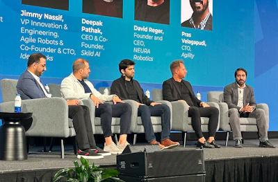 (L to R) Amit Goel of Nvidia, Jimmy Nassif of Idealworks, Deepak Pathak of Skild AI, David Reger of Neura Robotics, Pras Velagapudi of Agility.