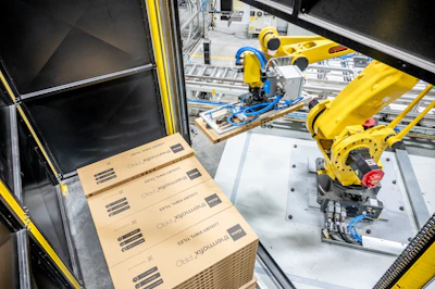 The adhesive sets within a few seconds for a strong enough seal to hold during palletizing.