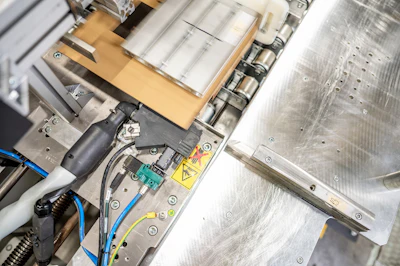 Side bead application helps secure Fatra’s LVT flooring cartons before robotic palletizing.