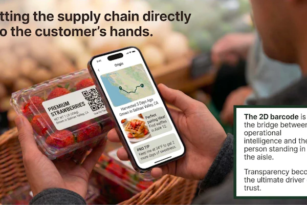 A shopper scans a clamshell of Salinas Valley strawberries and sees where and when it was harvested, a suggested storage temperature, and a pairing idea. In Bonin's framing, the 2D barcode is where the supply chain's operational intelligence finally reaches the person in the aisle. Slide courtesy of Walmart.