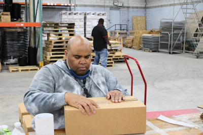 A RISE associate checks a sealed case. RISE employs 45 neurotypical people but is focused on the bottom line like any other co-packer, Goryl says.