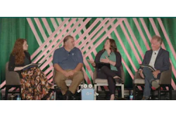 At PRS26 (from l. to r.) Juliet Mathey of the Metropolitan Mayors Caucus, Jim Marcinko of WM, Christina Seibert of the Solid Waste Agency of Northern Cook County, and Walter Willis of the Solid Waste Agency of Lake County discuss how recycling education, MRF operations, package design, and end markets all affect recycling outcomes.